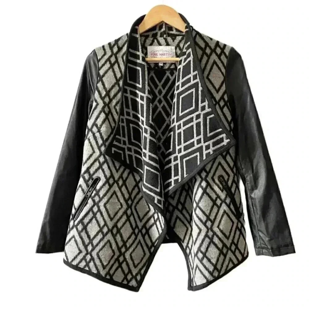 Pink  Martini Jacket Faux Leather Wool Open Front Draped Moto Black Grey Small - Picture 2 of 16